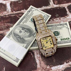 Iced Out Hip Hop Quartz Tank Style Stainless Gold Diamond Watch 43MM